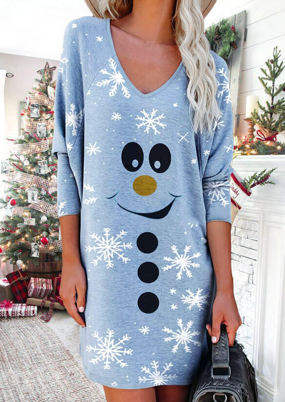 

Christmas Snowman Face Snowflake Mini Dress - Light Blue, 490449