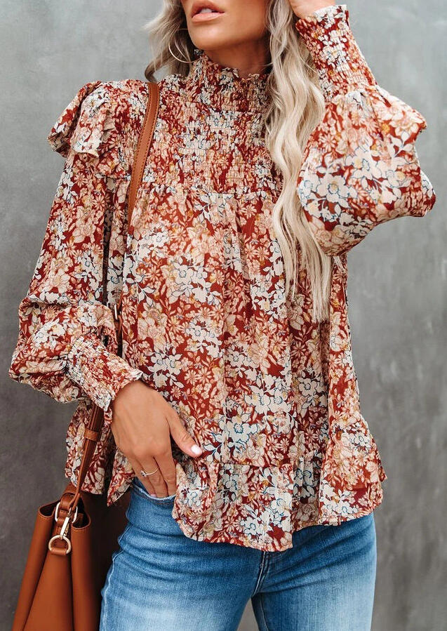 

Floral Hollow Out Button Smocked Puff Sleeve Blouse, Multicolor, 490454