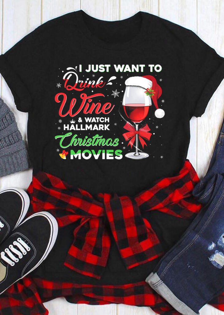 

Drink Wine & Watch Christmas Movies T-Shirt Tee - Black, 490467