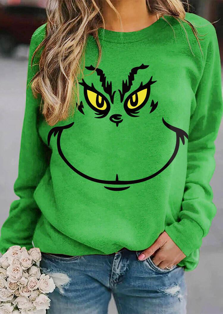 Christmas Grinch Face Pullover Sweatshirt Green Bellelily