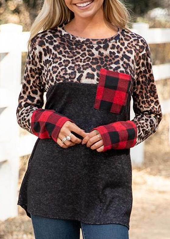 

Leopard Buffalo Plaid Pocket Long Sleeve Blouse, Multicolor, 490501