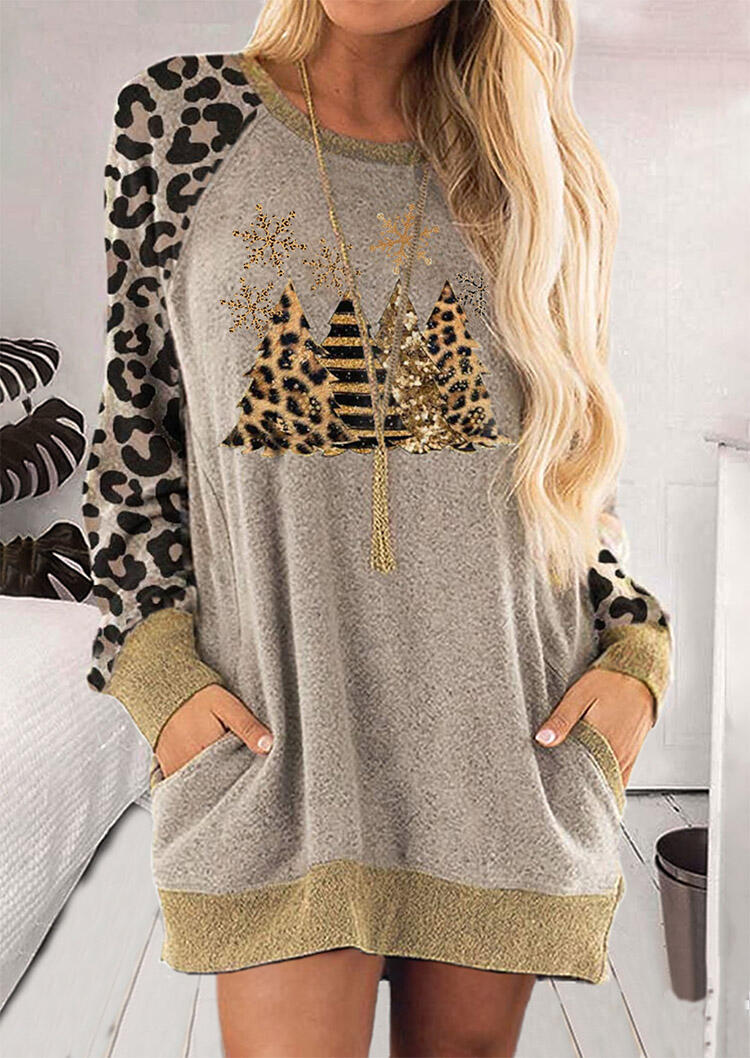 

Leopard Sequined Christmas Tree Snowflake Mini Dress - Light Coffee, 490547