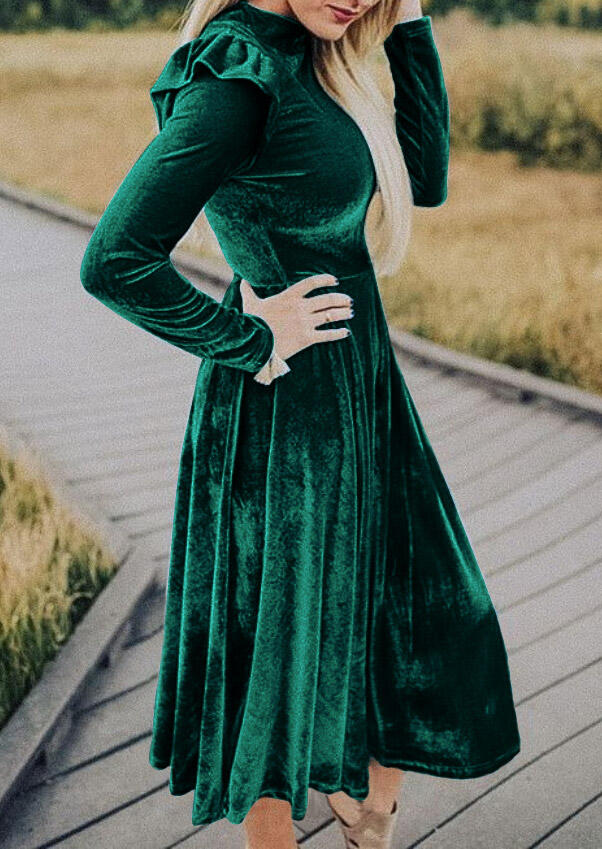 

Ruffled Zipper Long Sleeve O-Neck Fleece Casual Dress - Green, 486880