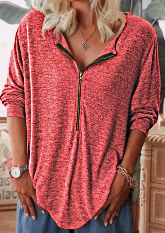 

Zipper Collar Long Sleeve Casual Blouse - Red, 488017