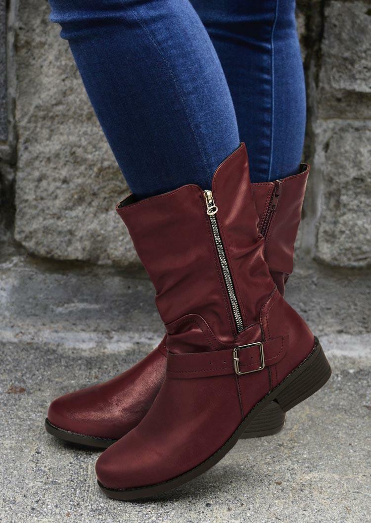 

Buckle Strap Zipper Ruffled Round Toe Boots - Burgundy, 488251