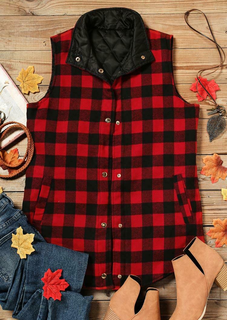 

Buffalo Plaid Pocket Snap Button Vest Coat - Red, 488469