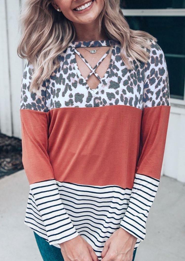

Leopard Criss-Cross Striped Color Block Blouse, Multicolor, 489293