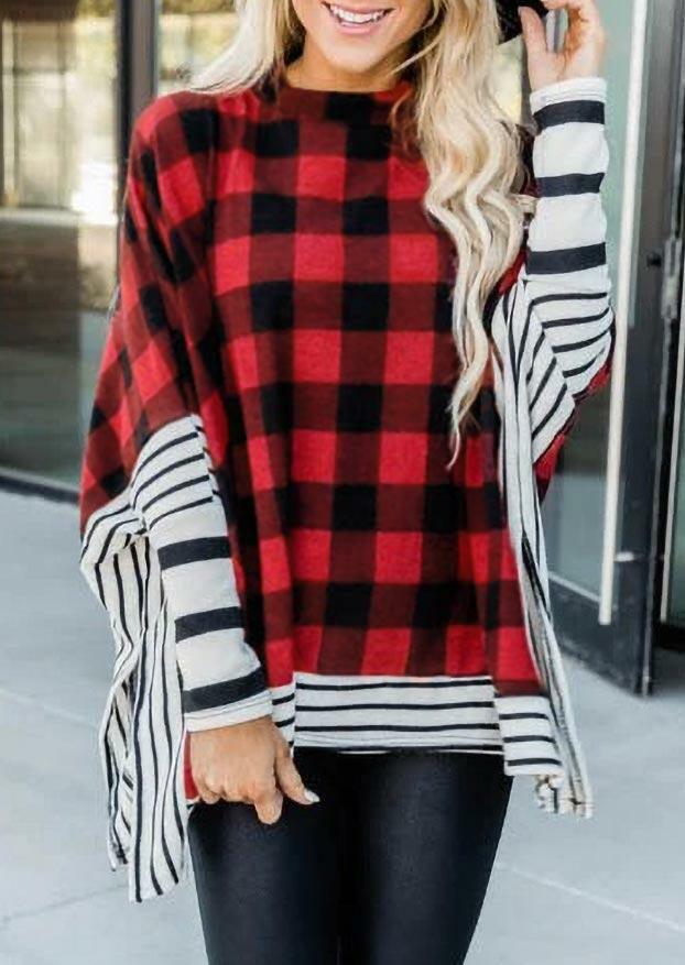 

Buffalo Plaid Splicing Striped Cape Blouse, 489573