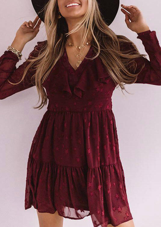 

Star Ruffled V-Neck Long Sleeve Mini Dress - Burgundy, 490265