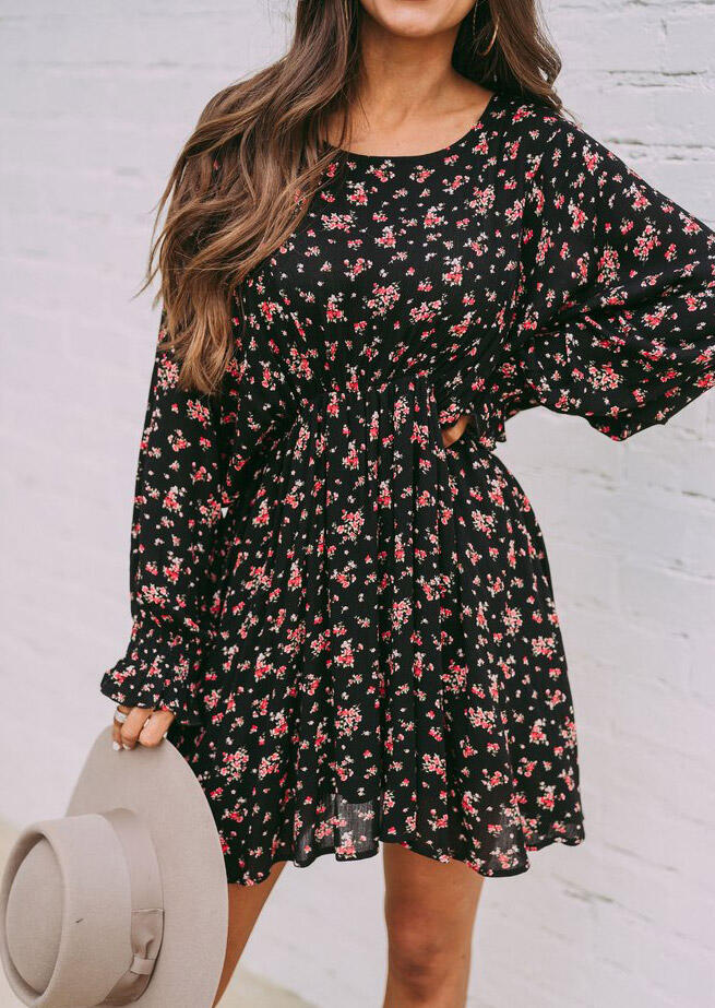 

Floral Ruffled Elastic Waist Long Sleeve O-Neck Mini Dress - Black, 490295
