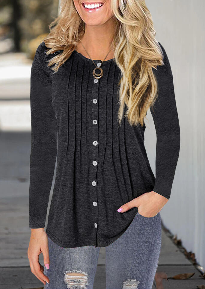 

Ruffled Button Long Sleeve O-Neck Blouse - Dark Grey, 490493