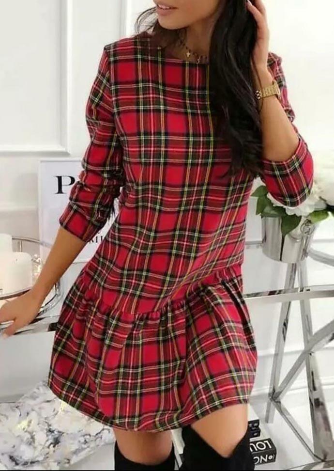 

Plaid Ruffled Long Sleeve Mini Dress - Red, 490522