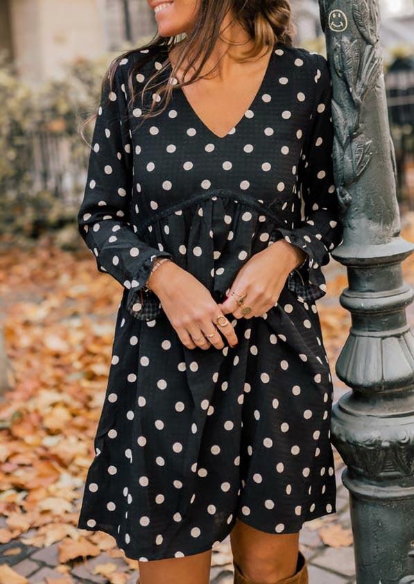 Polka Dot Ruffled V-Neck Mini Dress - Black