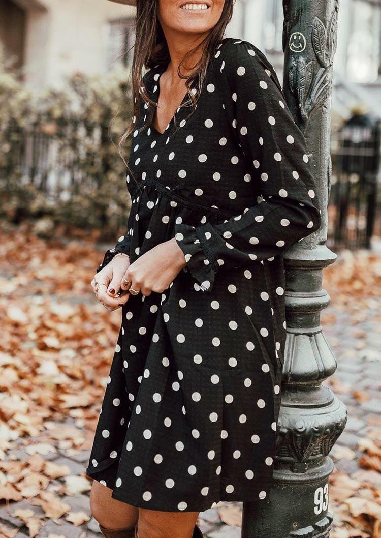 Polka Dot Ruffled V-Neck Mini Dress - Black