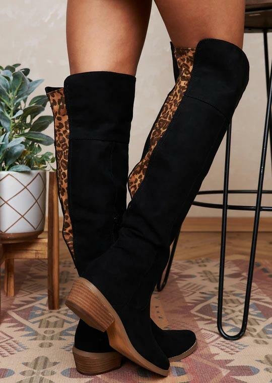 

Leopard Splicing Low Heeled Thigh-High Comfortable Boots - Black, 490531