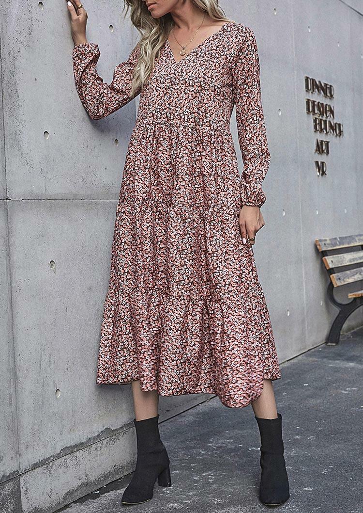 

Floral Ruffled V-Neck Elastic Cuff Midi Dress, Multicolor, 490537