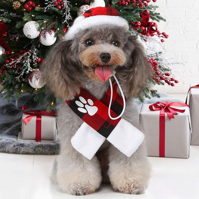 

2Pcs Christmas Buffalo Plaid Dog Paw Pet Hat And Scarf Set, Red, 490549