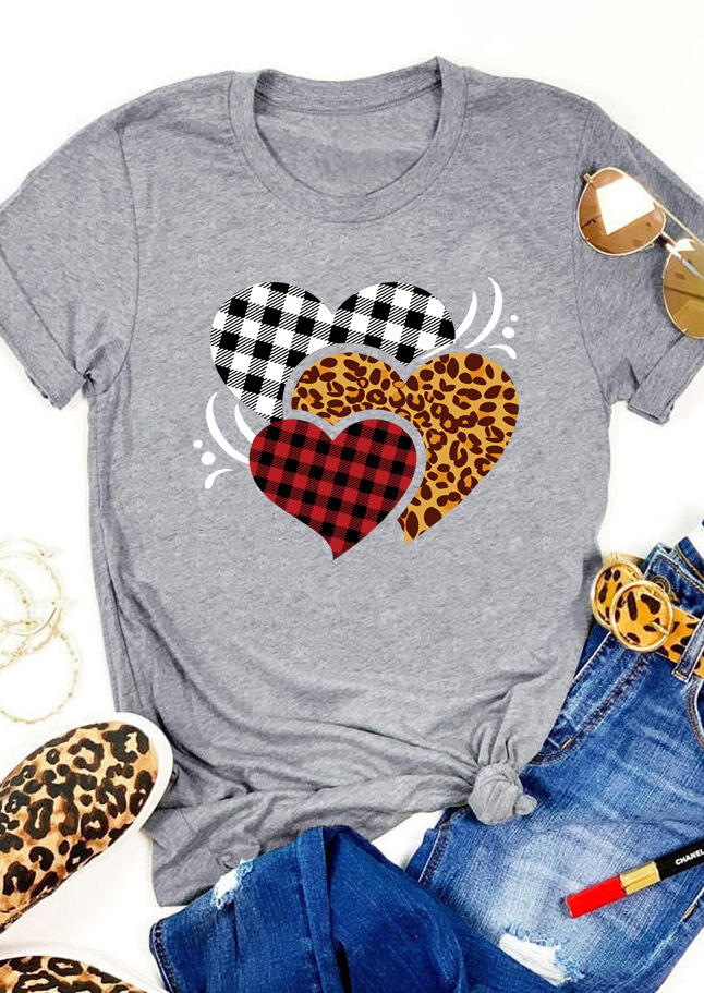 

Leopard Plaid Heart T-Shirt Tee - Gray, 490582