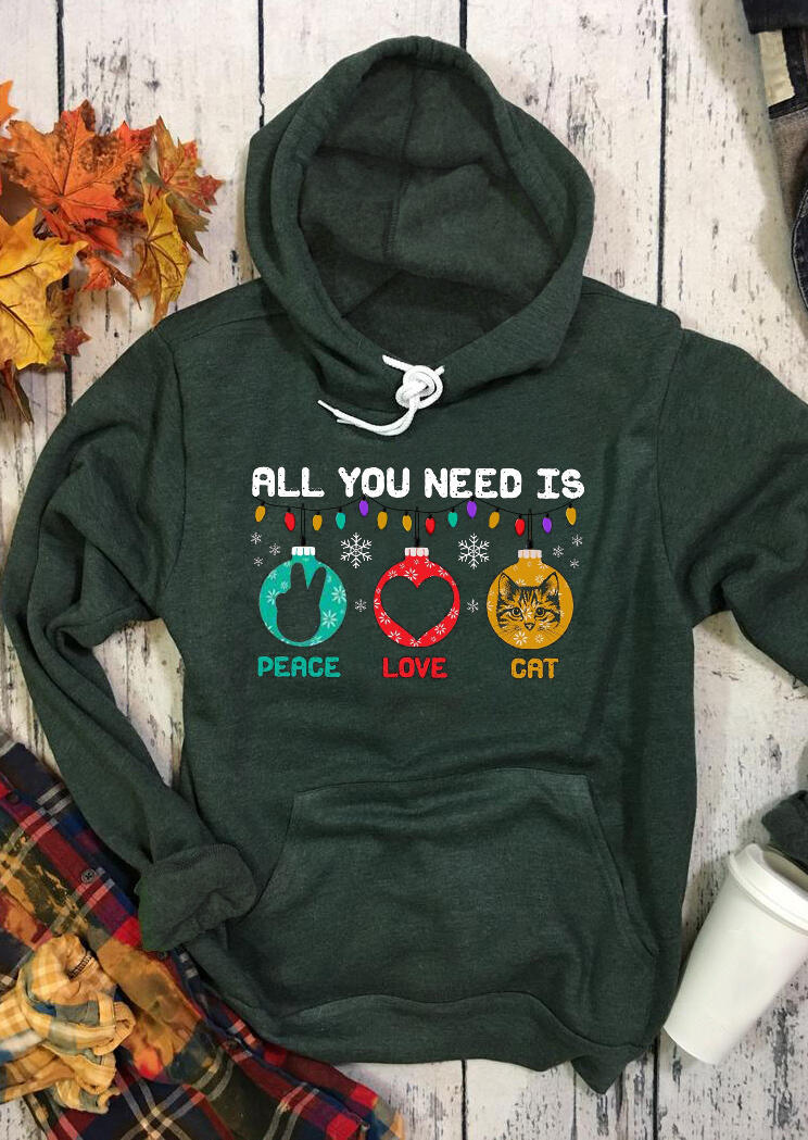 

Christmas All You Need Is Peace Love Cat Drawstring Hoodie - Green, 490596