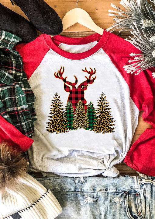

Christmas Trees Reindeer Plaid Leopard T-Shirt Tee - Red, 490598
