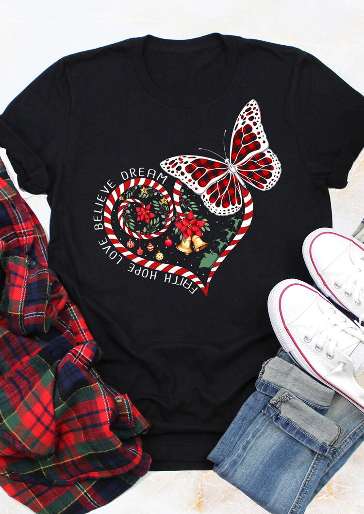

Heart Plaid Butterfly Faith Hope Love Believe Dream T-Shirt Tee - Black, 490601