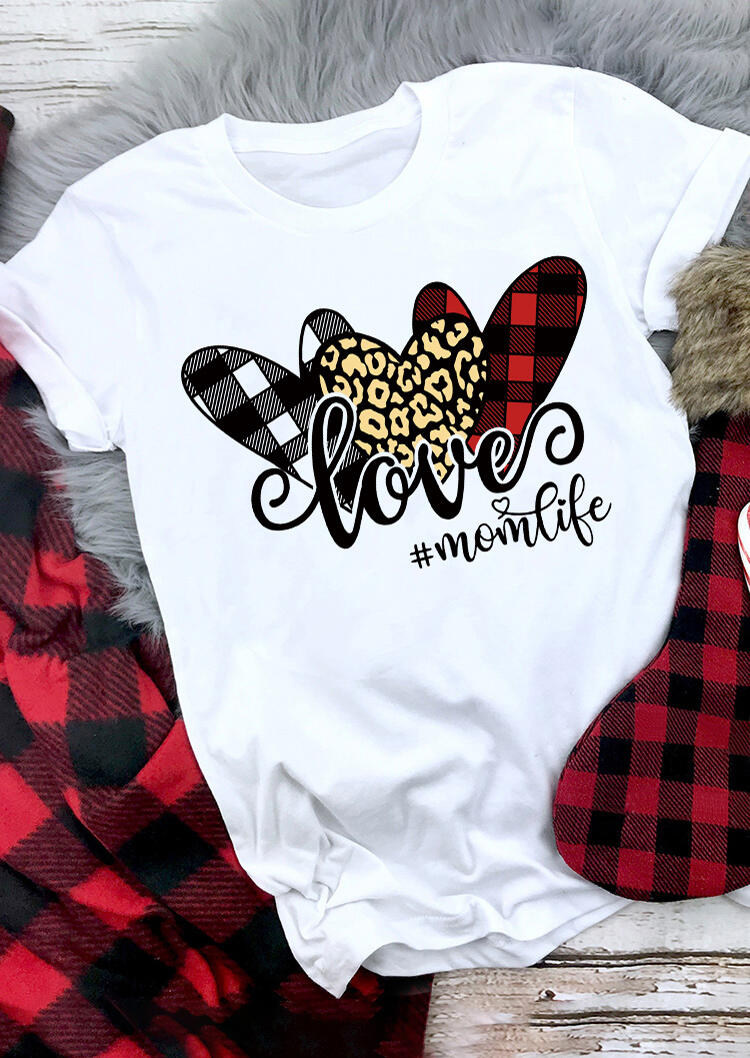 

Love Mom Life Leopard Plaid Heart T-Shirt Tee - White, 490602