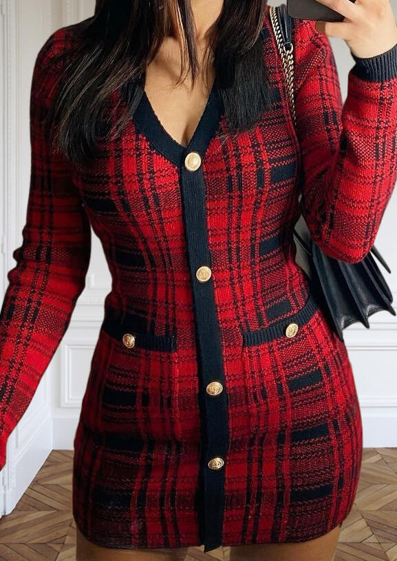

Christmas Buffalo Plaid Button Fake Pocket Mini Dress - Red, 490603
