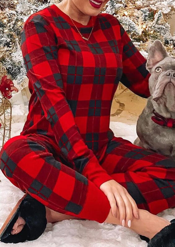 

Buffalo Plaid Blouse And Elastic Waist Pants Pajamas Set, 490606