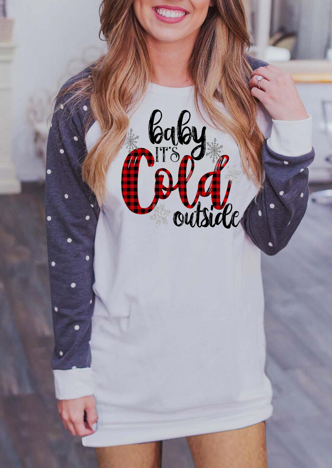 

Christmas Baby It' Cold Outside Plaid Polka Dot Mini Dress - White, 490607