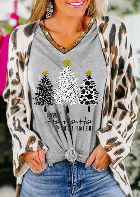 

Christmas Trees Cow Leopard Glitter Happy Ho Ho Ho T-Shirt Tee - Gray, 490608