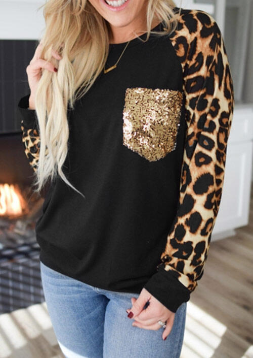 

Sequined Pocket Leopard Splicing Long Sleeve Blouse - Black, 490618