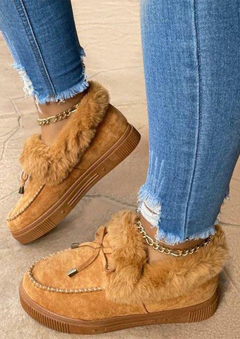 

Bowknot Plush Warm Round Toe Slip On Sneakers - Brown, 490647