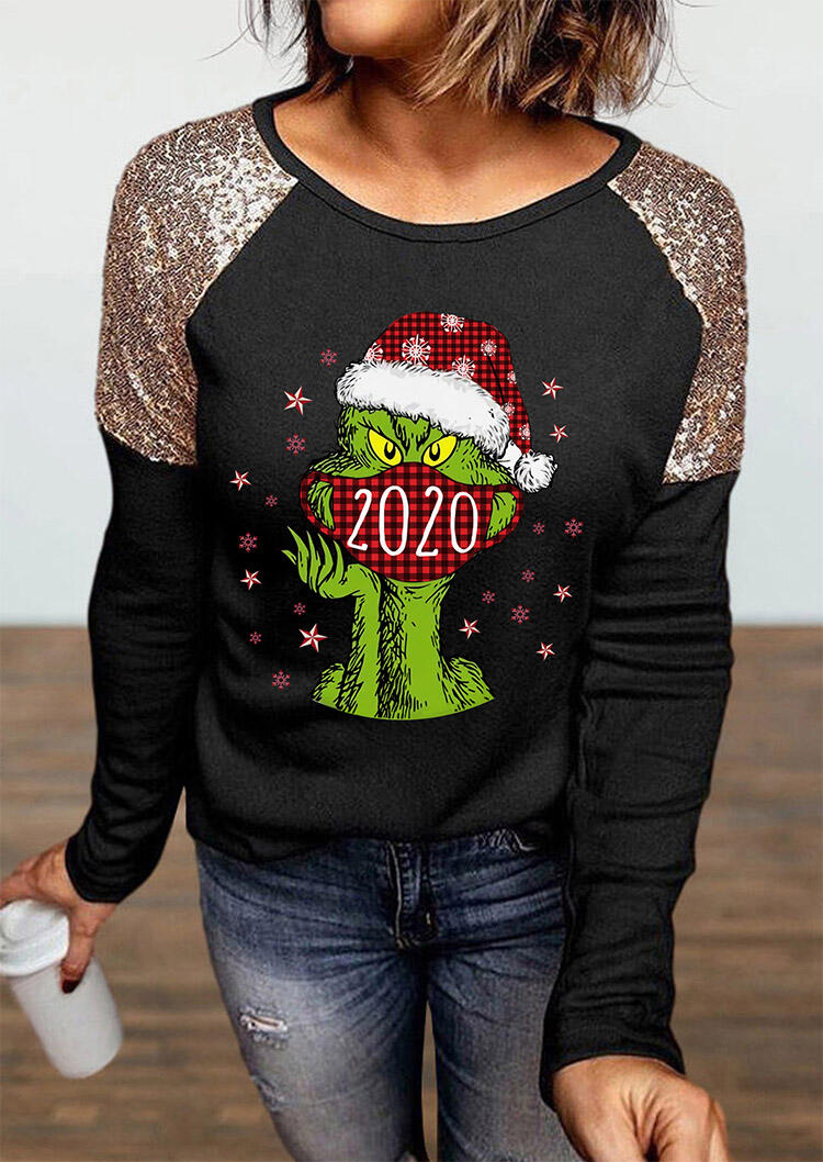 

Christmas Grinch 2020 Plaid Sequined Blouse - Black, 490659