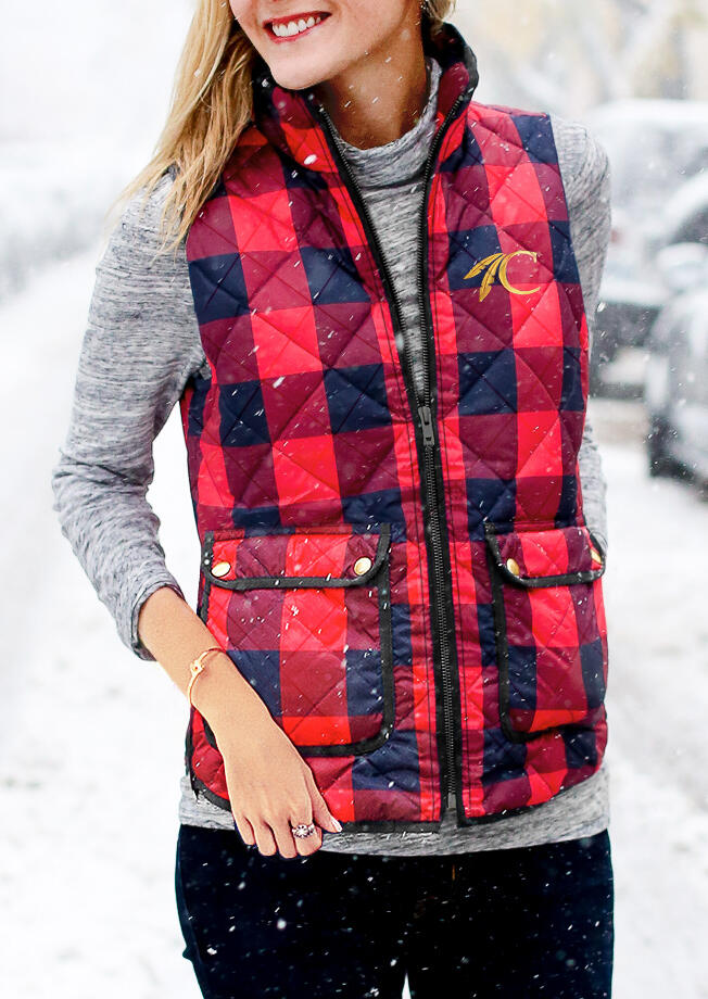 

Buffalo Plaid Pocket Zipper Sleeveless Vest Coat - Red, 489514