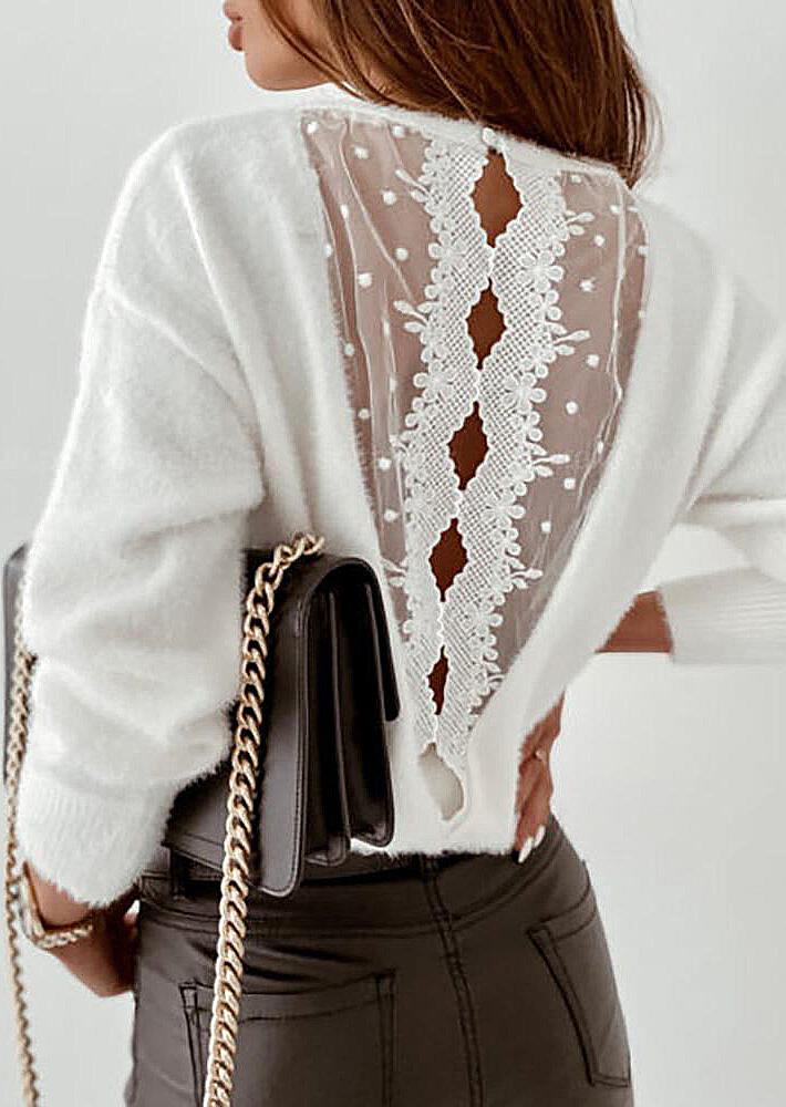 

Mesh Lace Splicing Hollow Out Plush Blouse - White, 490066