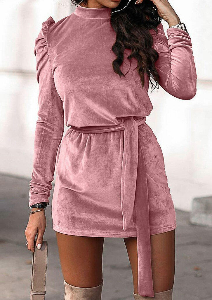 

Tie Ruffled Long Sleeve O-Neck Mini Dress - Pink, 490627