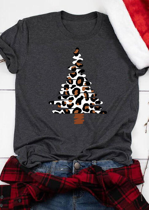 

Leopard Christmas Tree O-Neck T-Shirt Tee - Dark Grey, 490738
