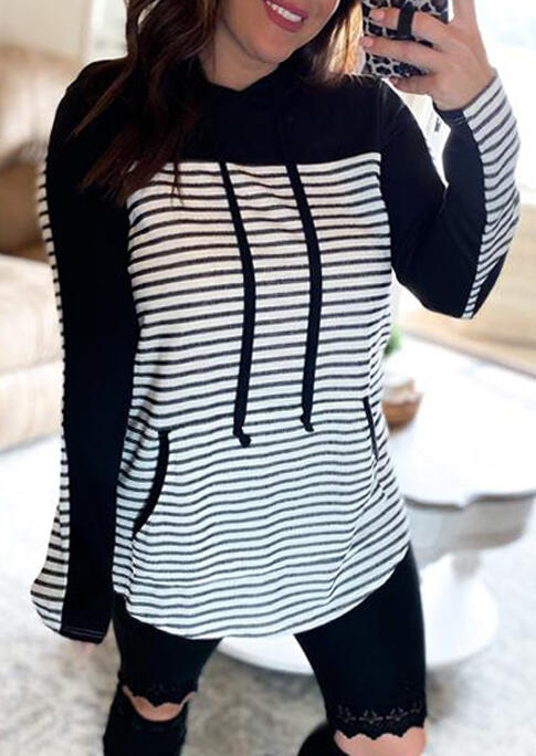 

Striped Splicing Kangaroo Pocket Drawstring Pullover Hoodie, Stripe, 490747
