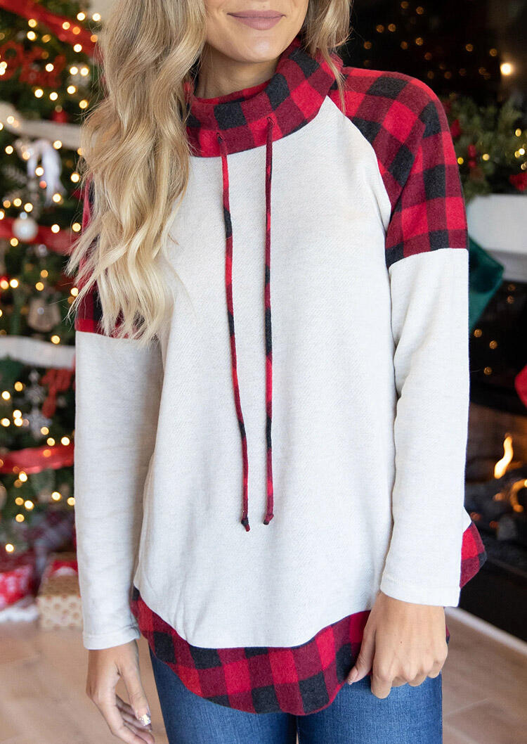 

Buffalo Plaid Cowl Neck Drawstring Pullover Sweatshirt - White, 490758