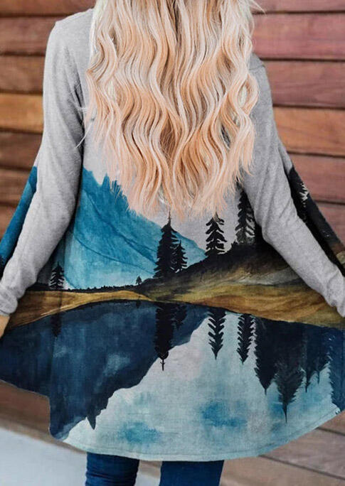 

Mountain River Landscape Long Sleeve Cardigan - Gray, 490760
