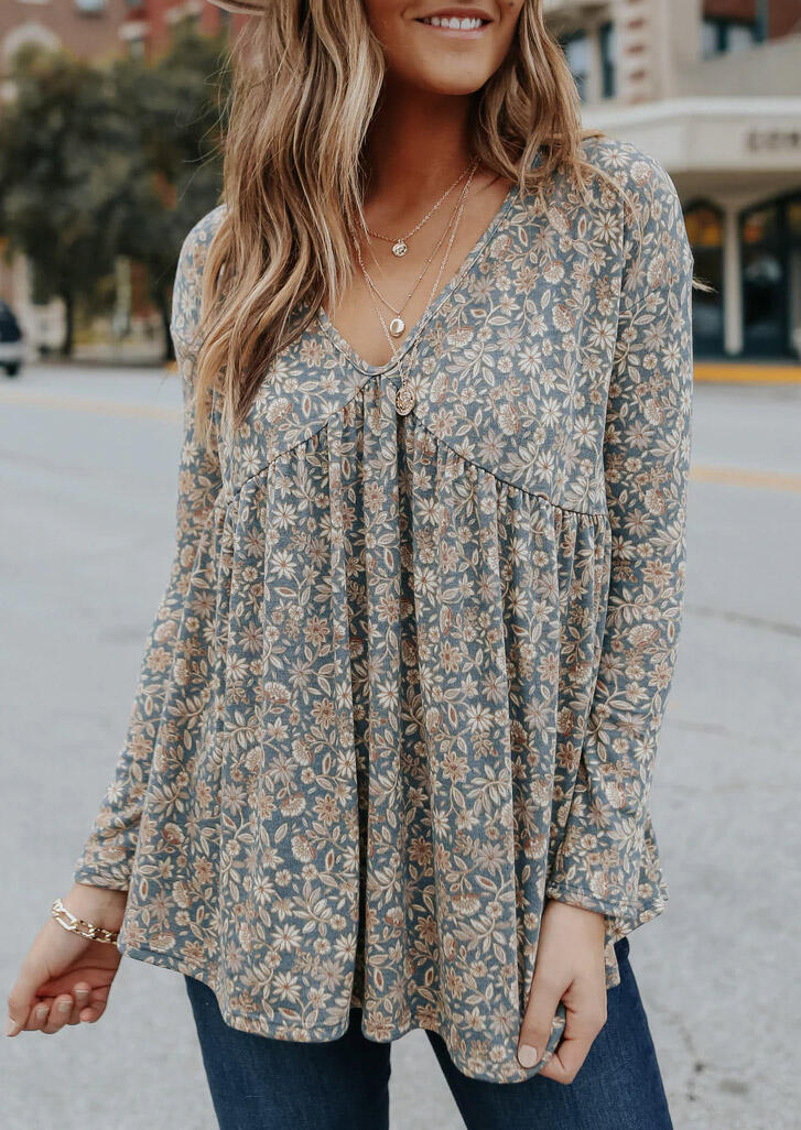 

Floral Ruffled Hollow Out V-Neck Blouse, Multicolor, 490769