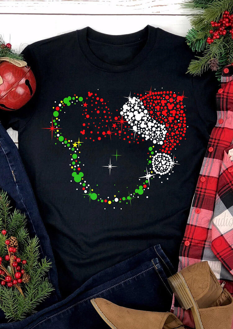 

Christmas Hat Cute Cartoon O-Neck T-Shirt Tee - Black, 490772
