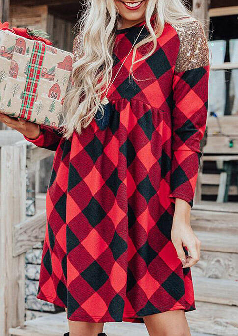

Buffalo Plaid Sequined Splicing Ruffled Mini Dress, 490774
