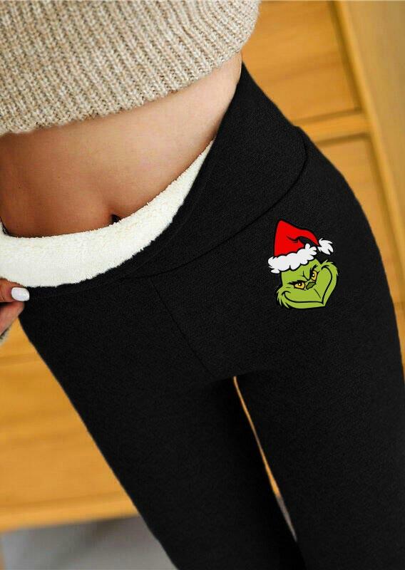 

Winter Thickened Warm Grinch Fleece High Waist Leggings - Black, 490784