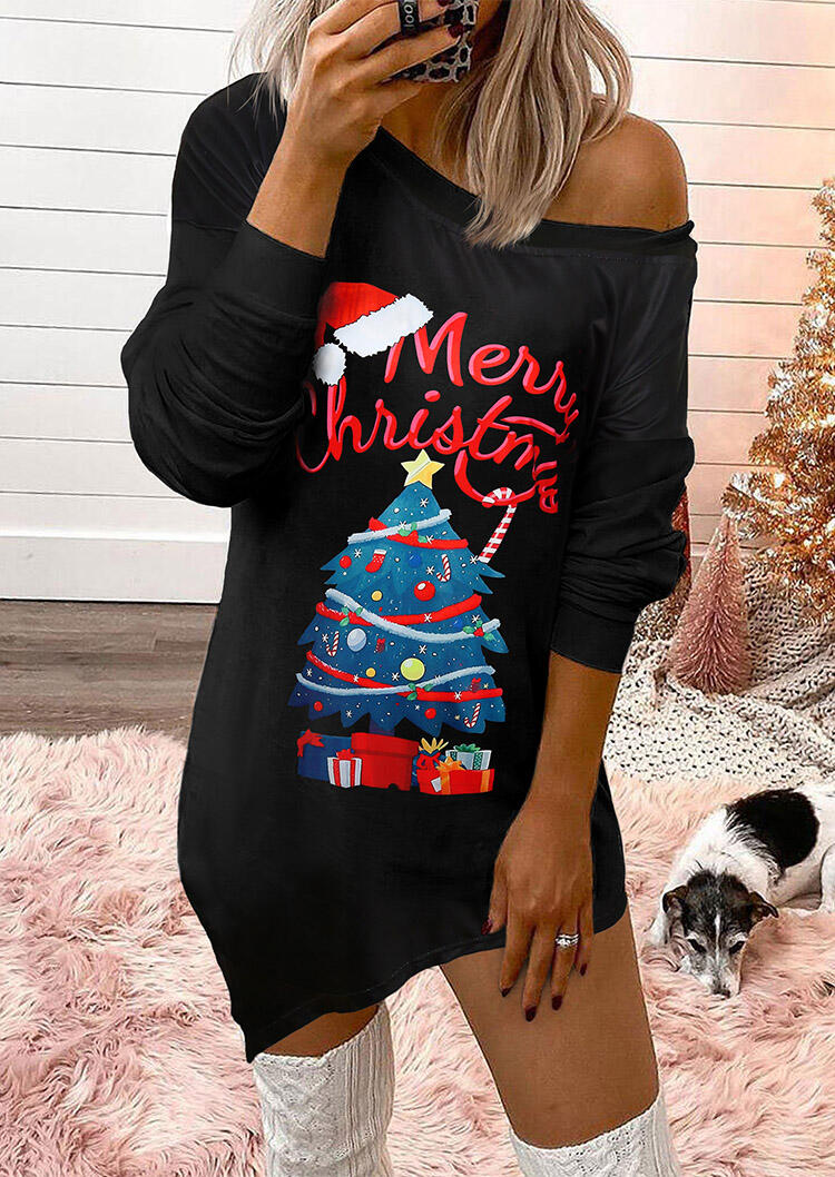 

Merry Christmas Trees Asymmetric Off Shoulder Mini Dress - Black, 490791