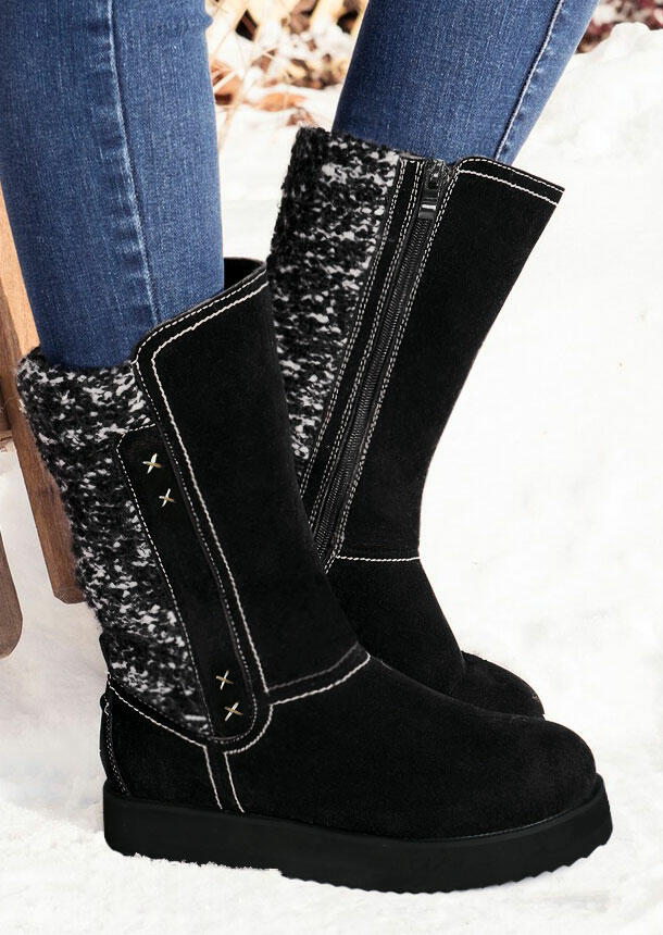 

Winter Warm Mid Calf Zipper Flat Boots - Black, 480298