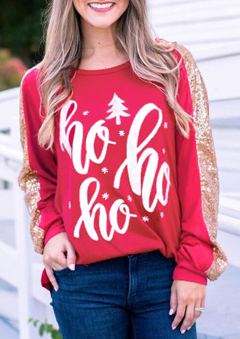 

Christmas Tree Ho Ho Ho Sequined Splicing Blouse - Red, 487662