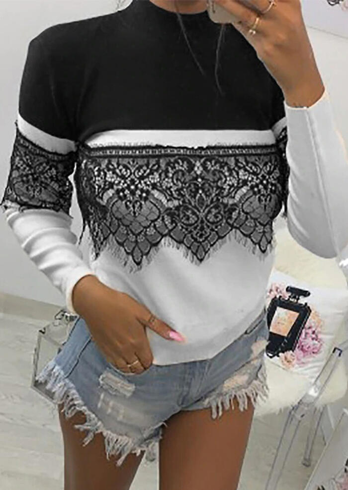 

Color Block Splicing Lace O-Neck Blouse - Black, 488709