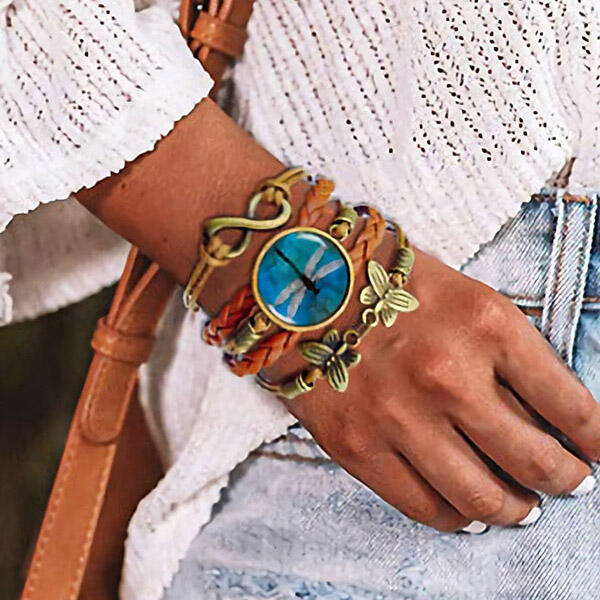 

Dragonfly Butterfly Multi-Layered Braided Bracelet - Brown, 488785