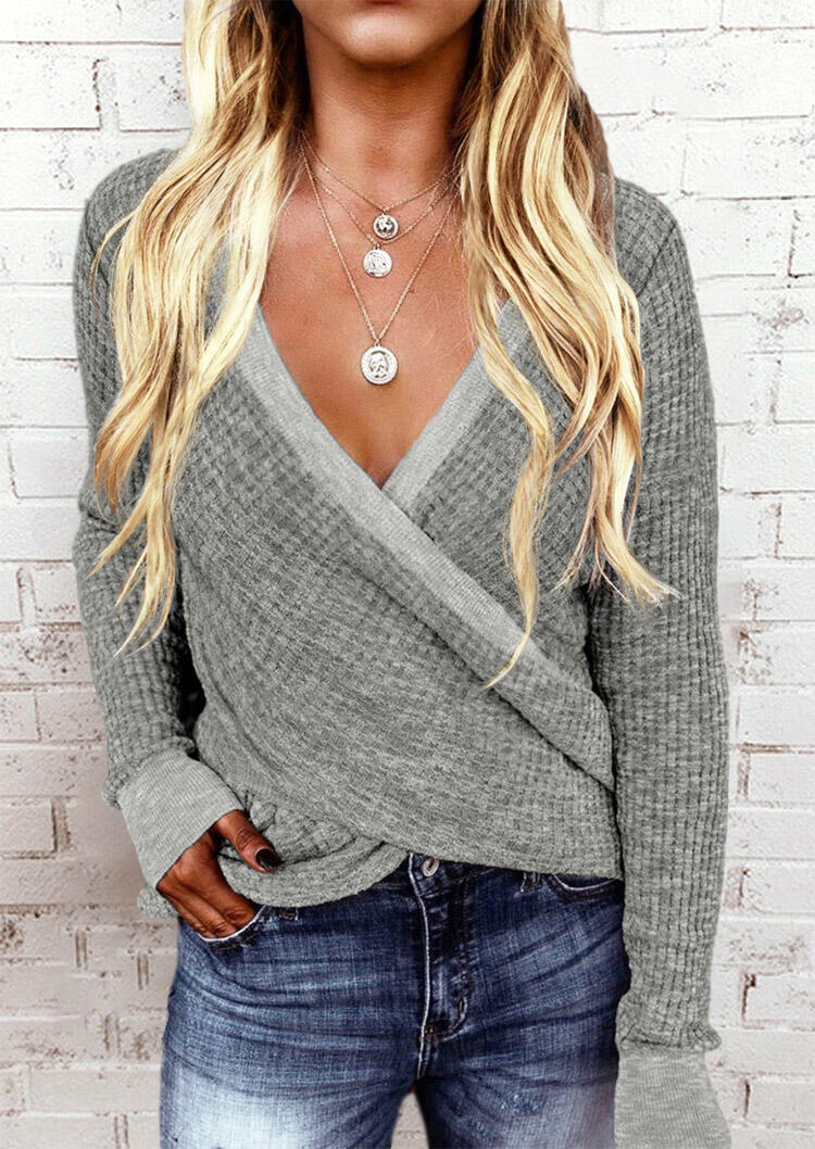 

Waffle Wrap Long Sleeve Deep V-Neck Blouse - Gray, 489180